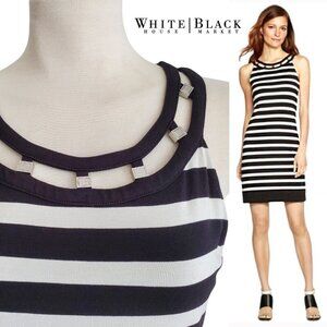 WHBM Sleeveless B & W Striped Silver Studded Cutout Neckline Shift Dress XS